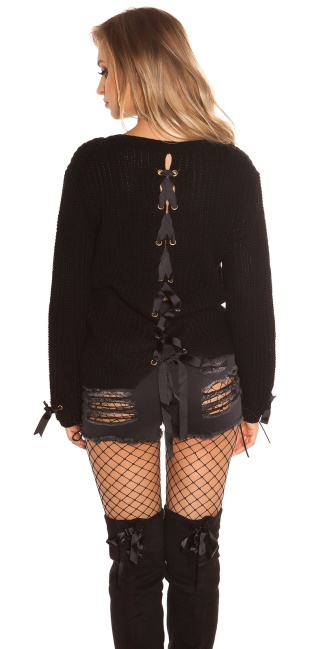 Trendy chunky knit jumper with lacing Black